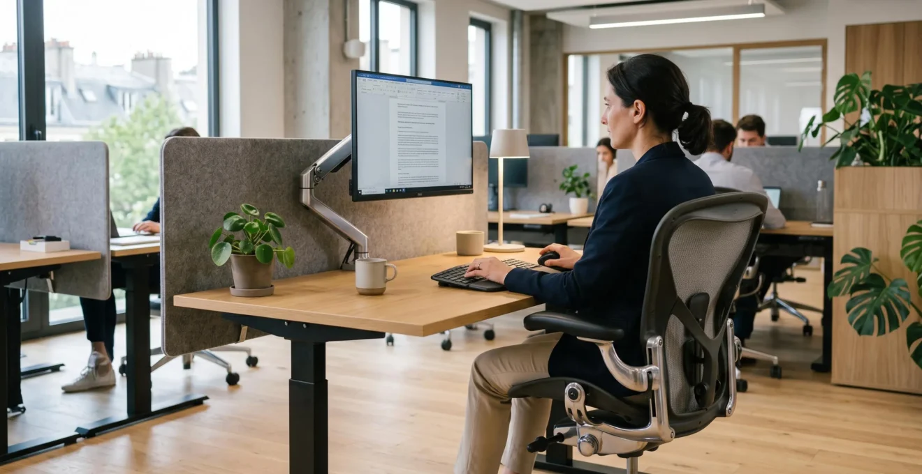 Poste de travail de bureau ergonomique avec fauteuil à support lombaire, bureau réglable et écran sur bras articulé dans un open space professionnel moderne