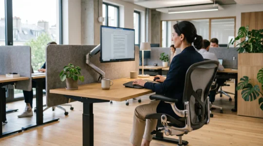 Poste de travail de bureau ergonomique avec fauteuil à support lombaire, bureau réglable et écran sur bras articulé dans un open space professionnel moderne