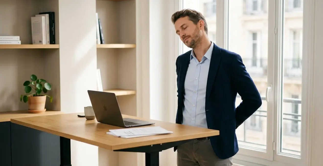 Professionnel effectuant un exercice d'étirement cervical debout à son poste de travail dans un bureau moderne