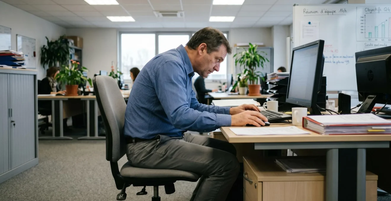 Travailleur de bureau assis avec mauvaise posture : dos voûté, écran trop bas et pieds ne touchant pas le sol